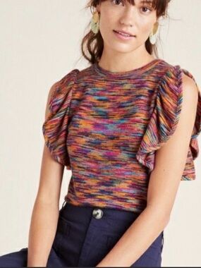 Anthropologie Multicolor Ruffle Sleeve Knit Tank